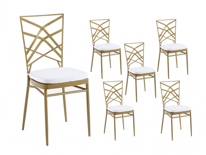 Pack 6 sillas metálicas art deco dorada + 2 cojines de asiento blancos  merkamueble