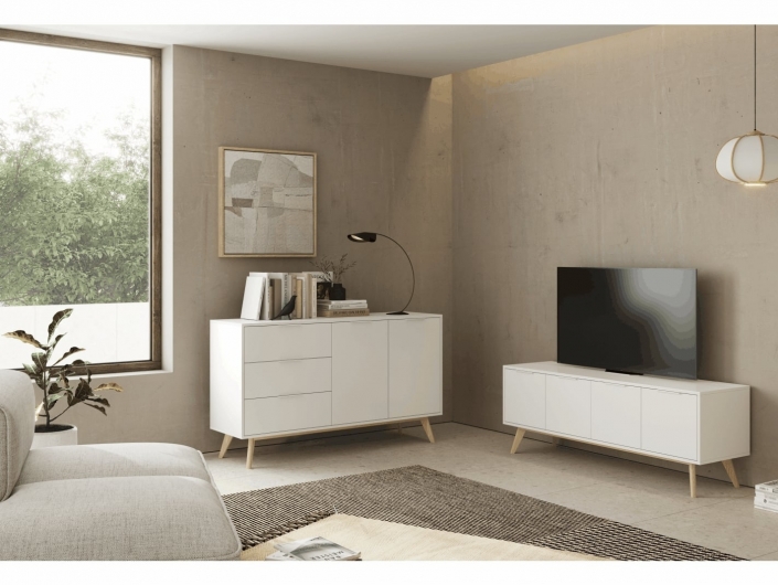 Mueble tv blanco y cera blanca con 4 puertas
