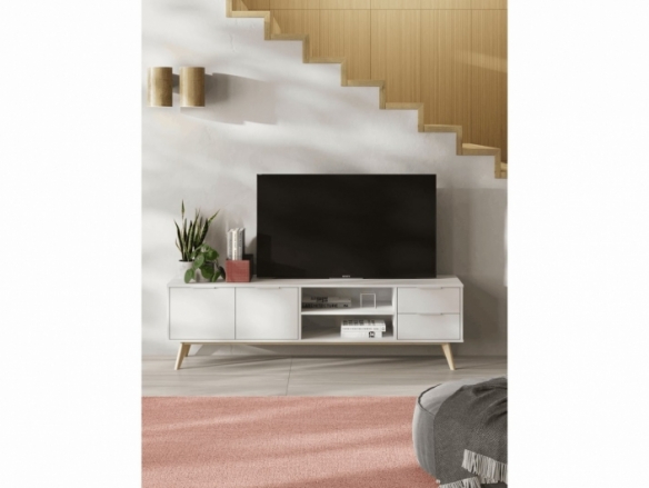 Mueble Tv 2 puertas 2 cajones y 2 huecos color blanco-cera blanca  merkamueble
