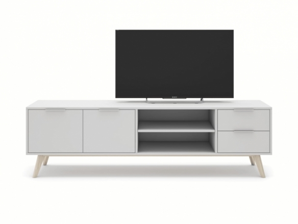Mueble Tv 2 puertas 2 cajones y 2 huecos color blanco-cera blanca  merkamueble