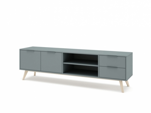 Mueble Tv 2 puertas, 2 cajones y 2 huecos color verde kaki-cera blanca  merkamueble