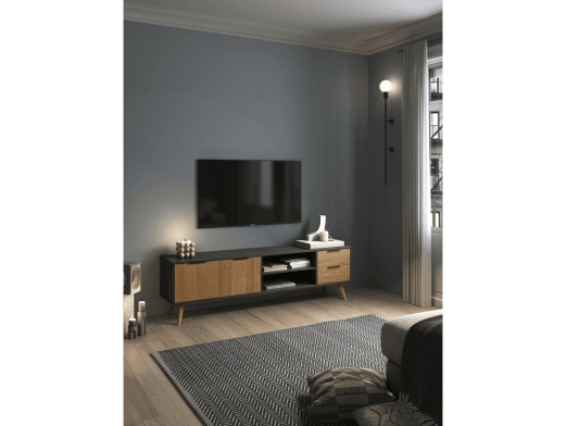 Mueble Tv 2 puertas, 2 cajones y 2 huecos color pino bocamina-cera  merkamueble 2