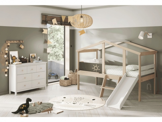 Composición juvenil con litera para camas 90 y 135, escritorio plegable y  estantes color duna-bambú. Merkamueble