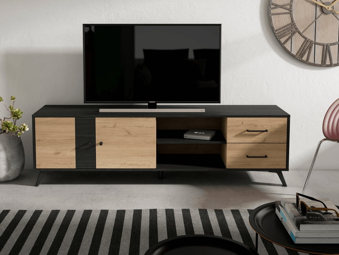 Mueble de TV mod NATURALE ''Naturale Bocamina'', 2 puertas y 2  compartimentos, 140x40x41cm