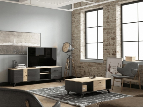 Mueble Tv con puertas, cajones y huecos color bocamina-natural  merkamueble
