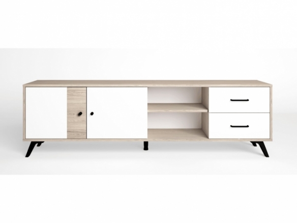 Mueble Tv con puertas, cajones y huecos color sahara-blanco mate  merkamueble