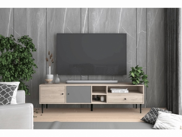 Mueble Tv con puertas, cajón y huecos color sahara-gris pizarra-blanco  merkamueble