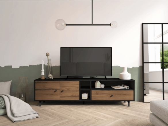 Mueble Tv con puertas, cajones y huecos color bocamina-nogal sabi  merkamueble
