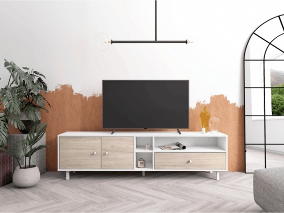 Mueble Tv con puertas, cajón y huecos color blanco-sahara  merkamueble