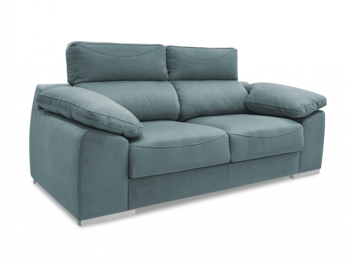 Sofá 2P. con asientos deslizantes y cabezales reclinables tapizado azul  merkamueble