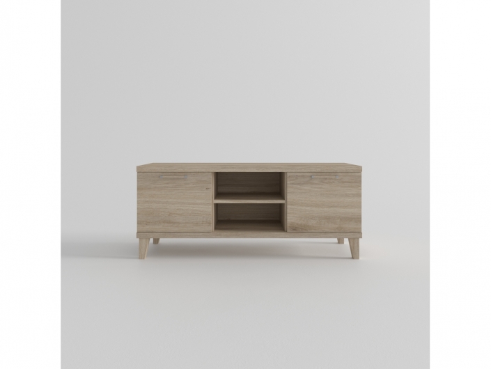 Mesa tv. 2 puertas y huecos con patas inclinadas color roble de 120 cm.  merkamueble