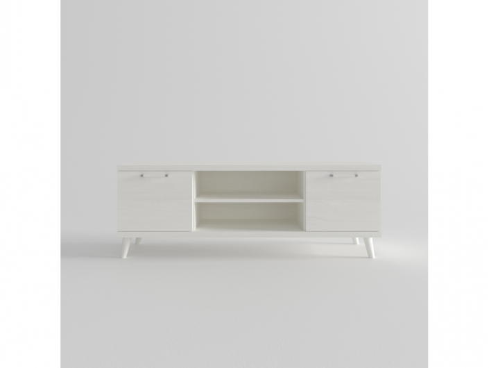 Mesa tv. 2 puertas y huecos con patas redondas color polar de 140 cm.  merkamueble