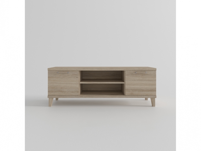 Mesa tv. 2 puertas y huecos con patas inclinadas color roble de 140 cm.  merkamueble
