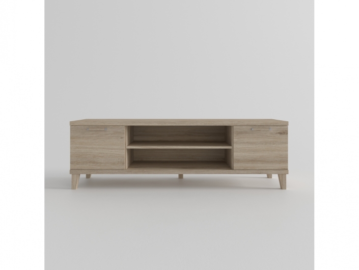Mesa tv. 2 puertas y huecos con patas inclinadas color roble de 180 cm.  merkamueble