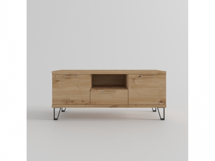 Mesa tv. 2 puertas,hueco y 1 cajón con patas diáfanas color artisan-negro de 120 cm.  merkamueble