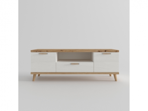 Mesa tv. 2 puertas,hueco y 1 cajón con patas redondas color artisan-polar de 140 cm.  merkamueble