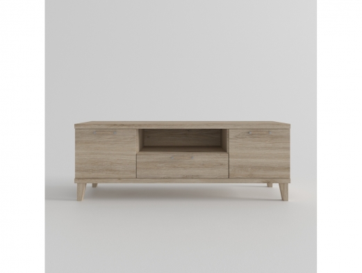 Mesa tv. 2 puertas,hueco y 1 cajón con patas inclinadas color roble de 140 cm.  merkamueble
