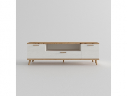 Mesa tv. 2 puertas,hueco y 1 cajón con patas redondas color artisan-polar de 160 cm.  merkamueble