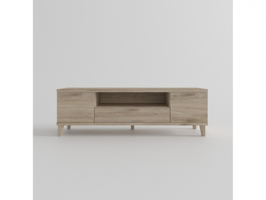 Mesa tv. 2 puertas,hueco y 1 cajón con patas inclinadas color roble de 160 cm.  merkamueble