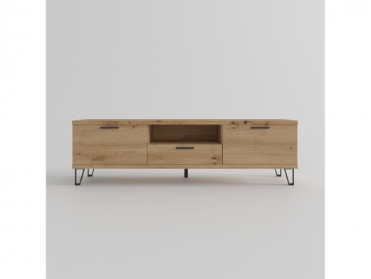 Mesa tv. 2 puertas,hueco y 1 cajón con patas diáfanas color artisan-negro de 180 cm.  merkamueble