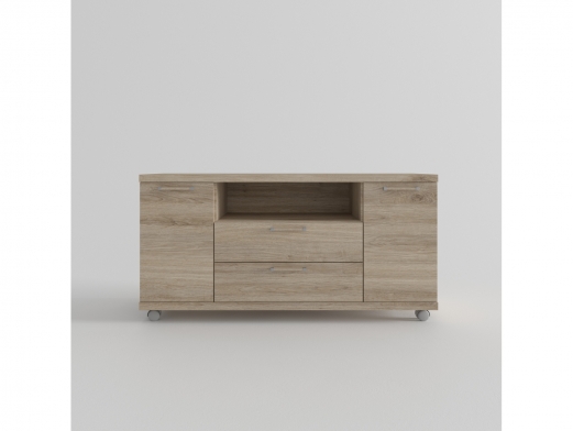 Mesa tv. 2 puertas,hueco y 2 cajones con ruedas color roble de 120 cm.  merkamueble