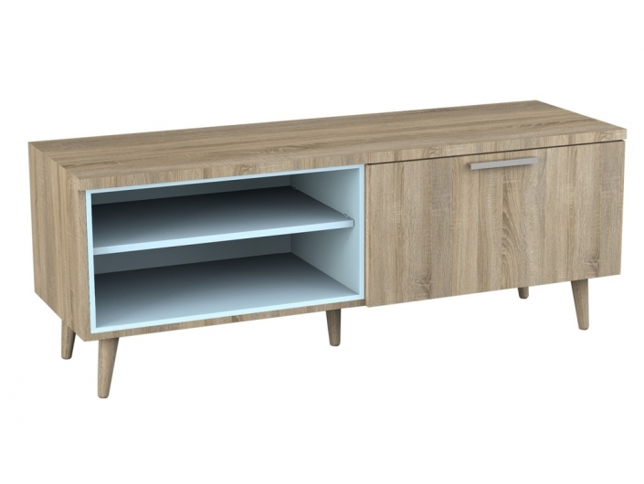 Mesa tv con estantes color azul y madera  merkamueble