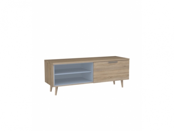 Mesa tv con estantes color azul y madera  merkamueble