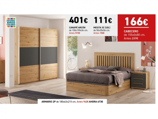 Composición dormitorio cama 150x190 cm. con canapé arcón, 2 mesitas, cómoda y armario color artisán/grafito  merkamueble