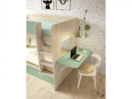 Composición juvenil con litera, mesa estudio plegable y armario 3 puertas color sahara-verde talco  merkamueble 2