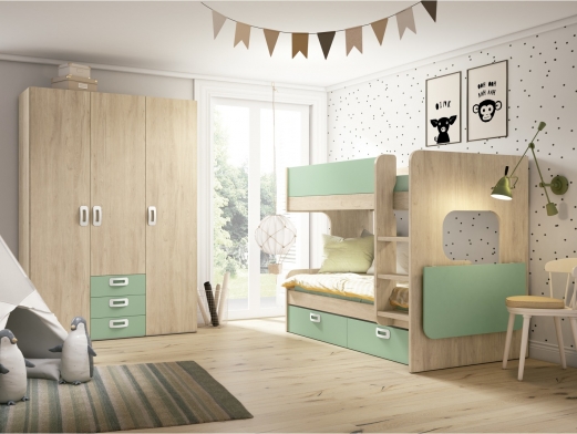 Composición juvenil con litera, mesa estudio plegable y armario 3 puertas color sahara-verde talco  merkamueble