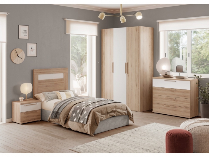 Dormitorio juvenil con cama, mesita, cómoda y armario color roble natural-roble  merkamueble