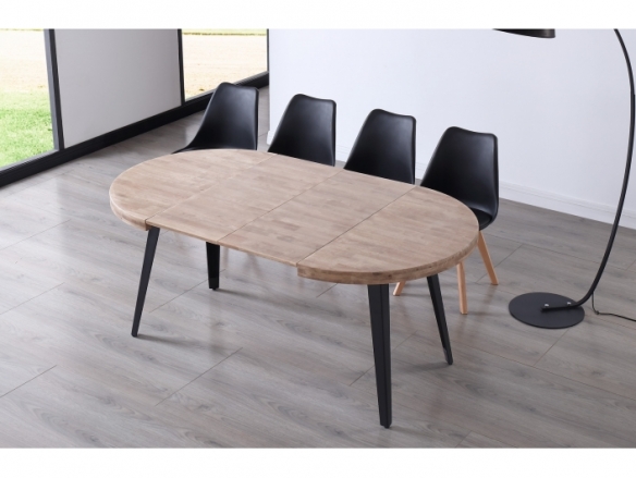 Mesa comedor redonda extensible 120 cm color roble honey - negro  merkamueble