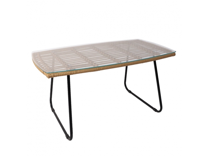Mesa de centro rectangular ratán con cristal y patas negras  merkamueble