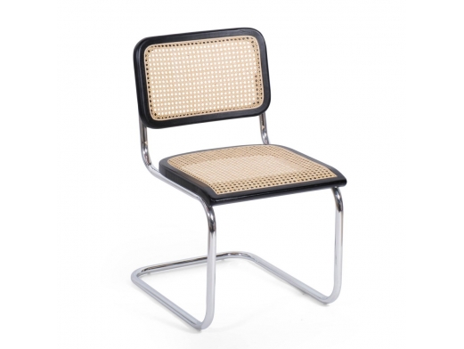 Silla negra con ratán natural y acero cromado  merkamueble