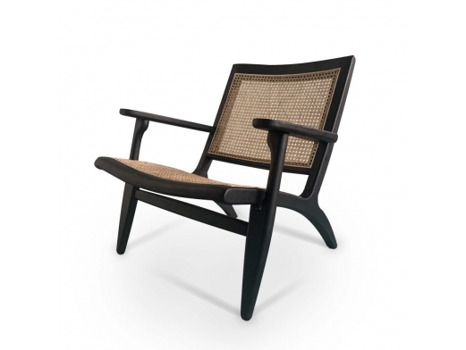 Sillón madera de olmo color negro con asiento de mimbre  merkamueble