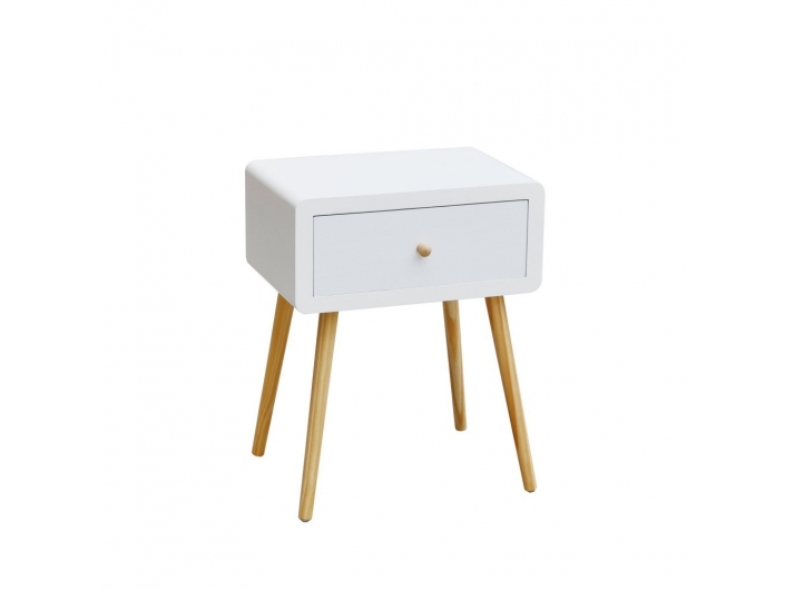 Mesita blanca con 1 cajón y patas de madera  merkamueble