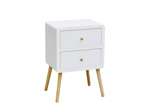 Mesita blanca con 2 cajones y patas de madera  merkamueble