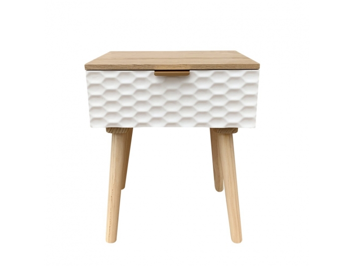 Mesita 1 cajón madera con frontal blanco geométrico y patas madera  merkamueble