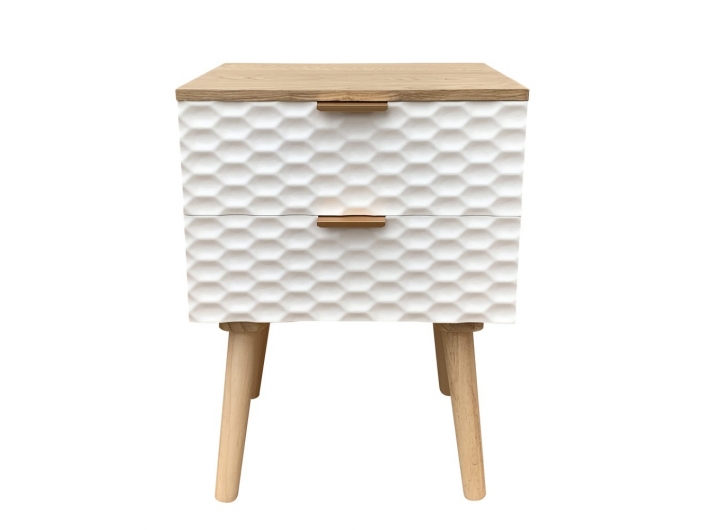 Mesita 2 cajones madera con frontal blanco geométrico y patas madera  merkamueble