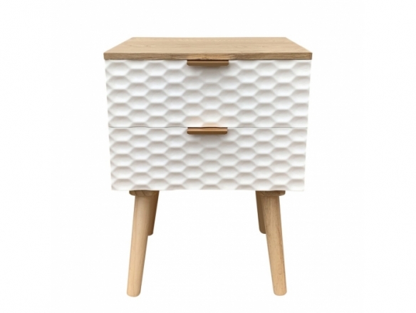 Mesita 2 cajones madera con frontal blanco geométrico y patas madera  merkamueble