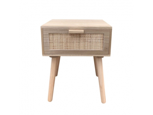 Mesita 1 cajón madera con frontal ratán y patas madera  merkamueble