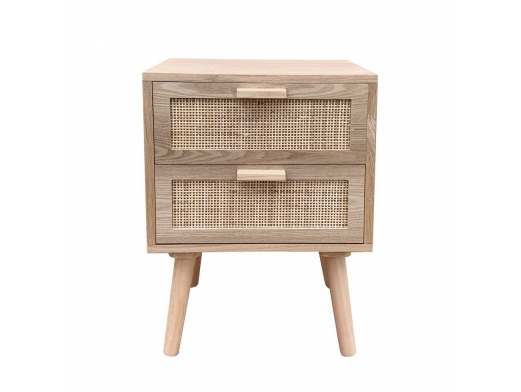 Mesita 2 cajones madera con frontal ratán y patas madera  merkamueble