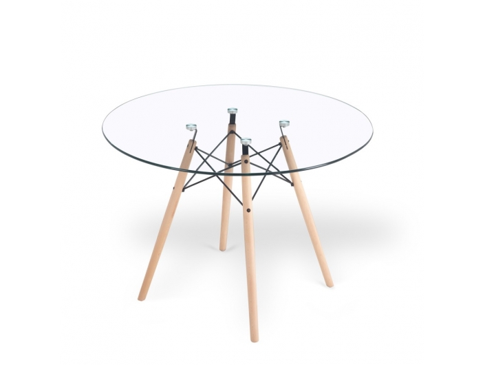 Mesa redonda cristal con patas de madera 100 cm  merkamueble