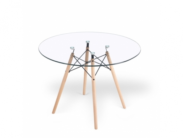 Mesa redonda cristal con patas de madera 100 cm  merkamueble