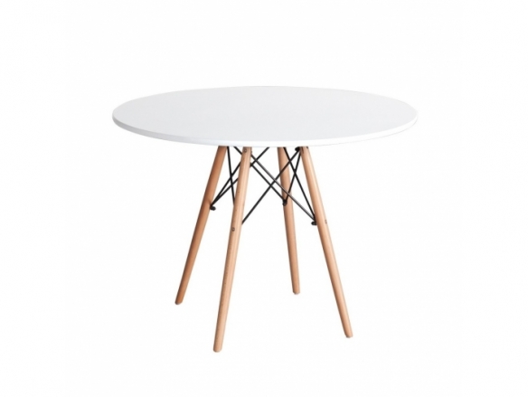 Mesa redonda blanca con patas de madera 100 cm  merkamueble