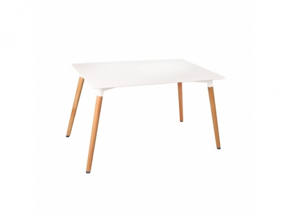 Mesa rectangular blanca con patas de madera 120 cm  merkamueble