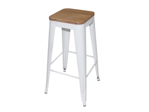 Taburete blanco con asiento de madera  merkamueble