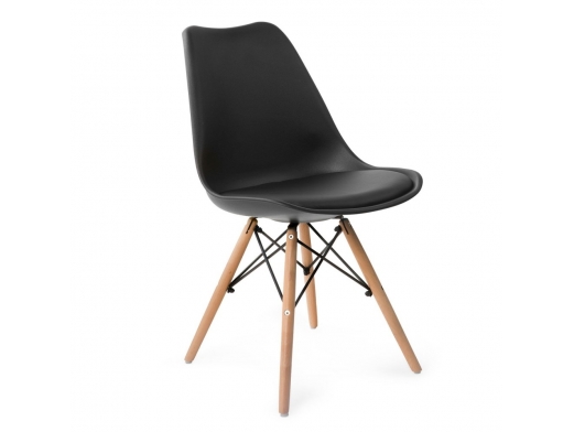 Silla negra con cojín fijo y patas de madera  merkamueble