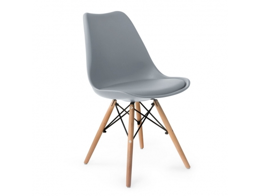 Silla gris con cojín fijo y patas de madera  merkamueble