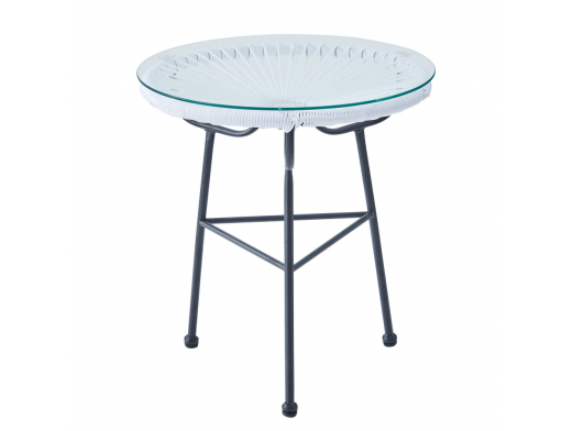 Mesita blanca redonda con cristal y patas de acero 50 cm  merkamueble